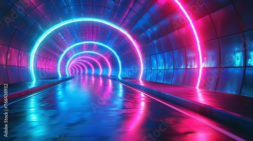 A 3D render of an abstract, neon-lit tunnel with dynamic, flowing lines that guide the eye through a futuristic journey