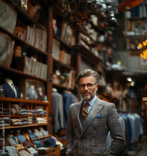 An elegantly dressed male store owner, with stylish gray hair and glasses, stands confidently in his upscale menswear boutique, surrounded by bespoke suits and tailored garments on wooden shelves.