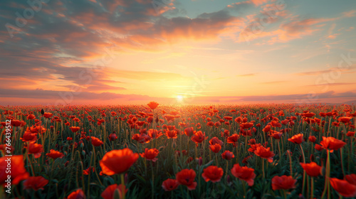 A breathtaking sunrise casting warm hues over a field of blooming red and orange poppies