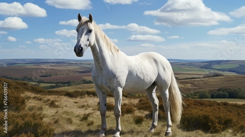 A white horse stands in a field with a blue sky in the background. The horse is the main focus of the image  and it is looking towards the camera. Concept of calm and tranquility