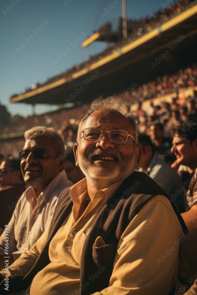A man with a beard and glasses is seated in a stadium, surrounded by Cricket devotees on a sunny day