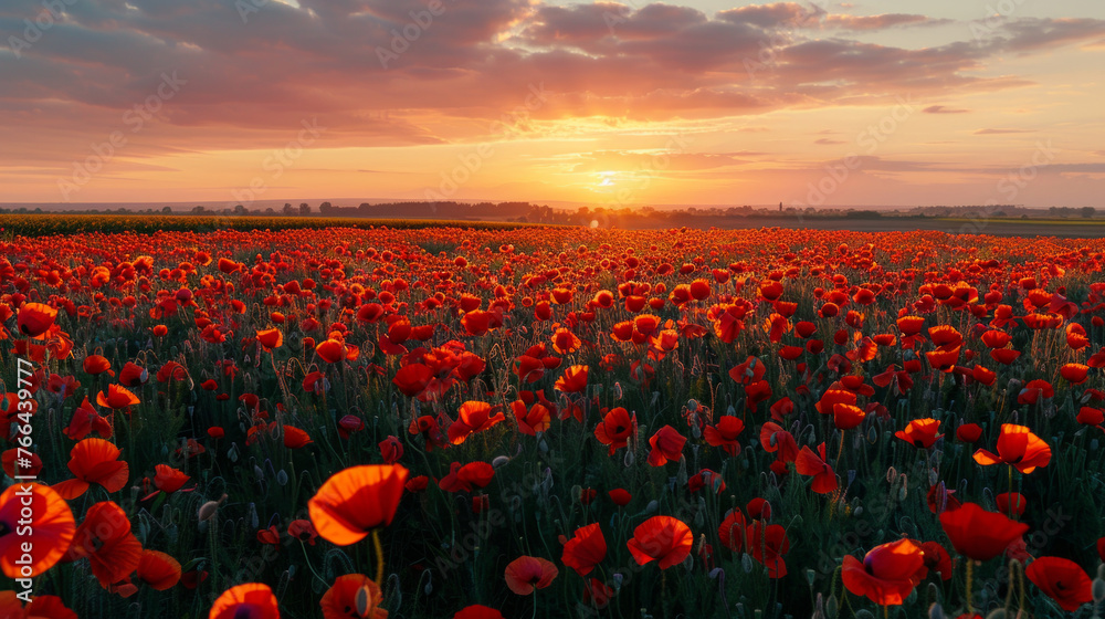 A breathtaking sunrise casting warm hues over a field of blooming red and orange poppies