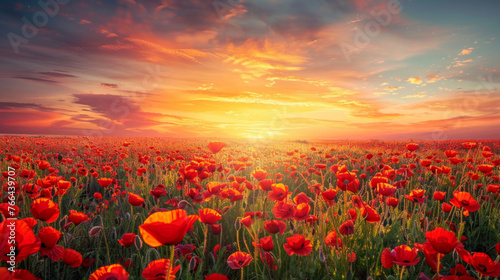 A breathtaking sunrise casting warm hues over a field of blooming red and orange poppies © Textures & Patterns