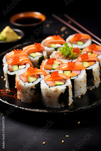 Vibrant display of sushi delicacy, an emblem of traditional Asian gastronomy