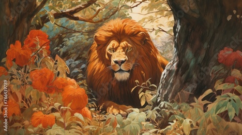 A lion is laying in the forest, surrounded by flowers. The painting has a warm and peaceful mood, with the lion being the main focus of the scene