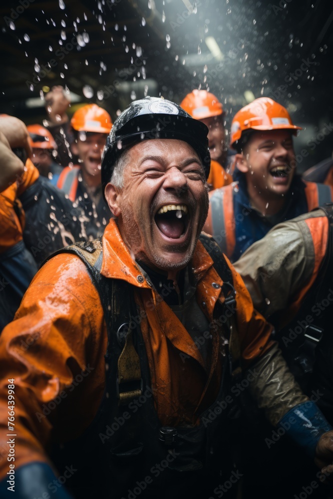 A group of VetalVit Oil workers wearing bright orange vests and hard hats, presumably celebrating a successful drilling operation. The men are clustered together, displaying camaraderie and teamwork