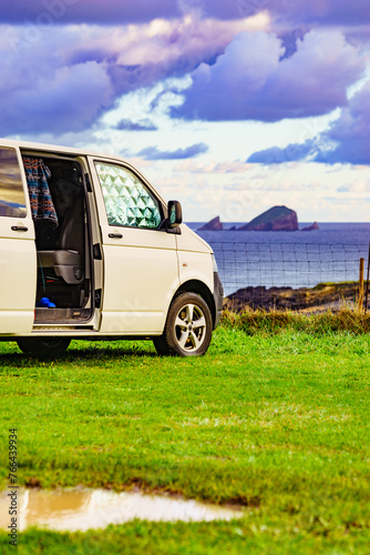 Campervan on sea coast in Asturias Spain.
