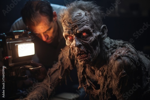 Makeup artists transforming actors into zombies for a horror movie makeup test