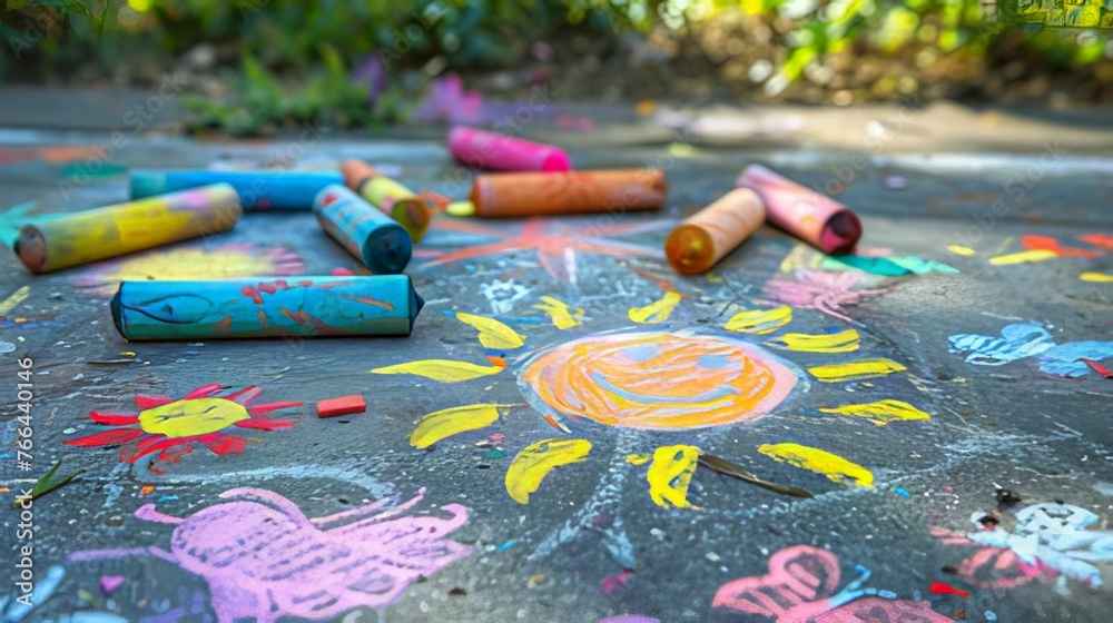 Horizontal AI illustration sidewalk chalk art by children. Concept hobbies and entertainment.