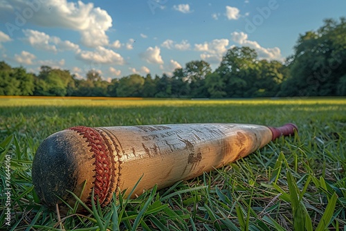 Cricket bat and ball on a pitch photo