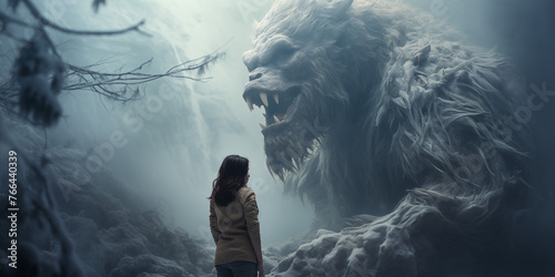 Fantasy image of a yeti creature in the snowy forest. © Kateryna