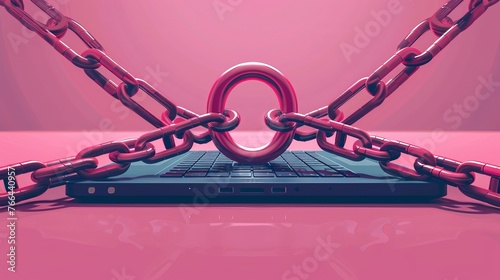 Flat illustration depicting a security center with a lock and chain around a laptop, symbolizing data security measures and protection. photo