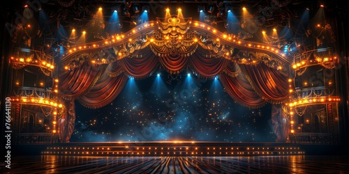 Podium for performance in a theater or concert hall with a fabric curtain and spotlight on a luxurious background.