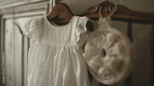 Beautiful christening gown displayed on a vintage wooden hanger, awaiting its moment to adorn the precious little one.