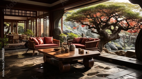 Japanese style living room with a view of a Zen garden