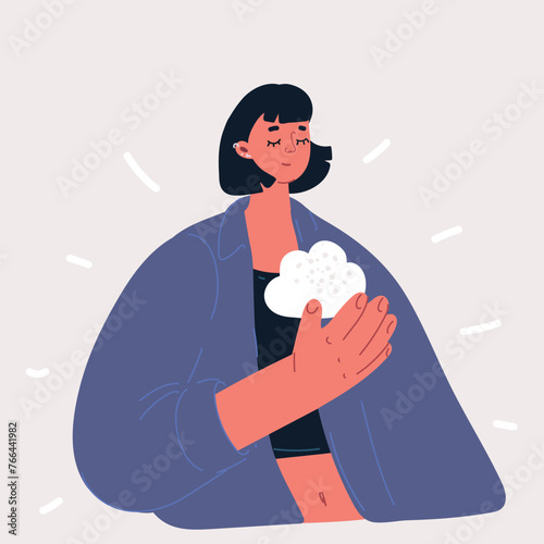 Cartoon vector illustration of happy woman with cloud in his arm. Happy soul