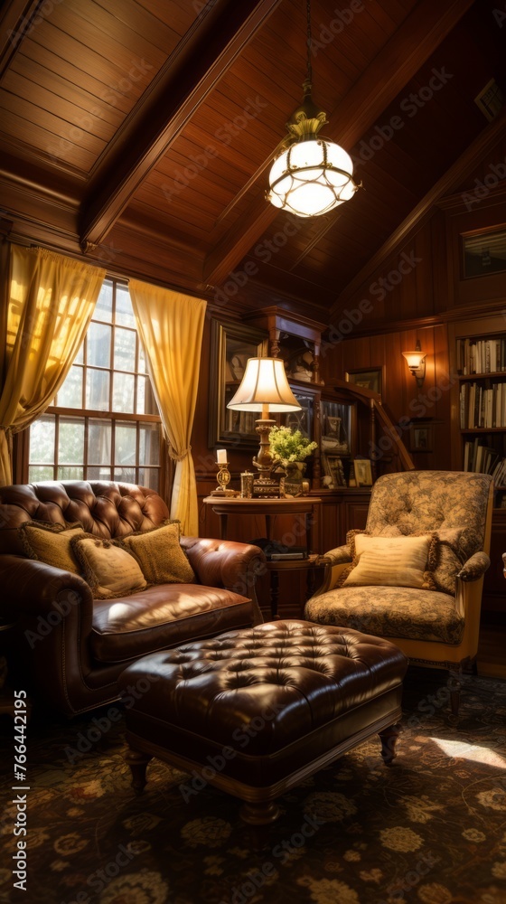 Vintage living room interior with two armchairs and an ottoman