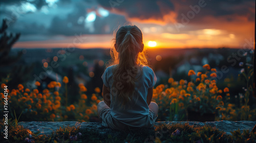 Golden Hour Contemplation Overlooking a Floral Meadow