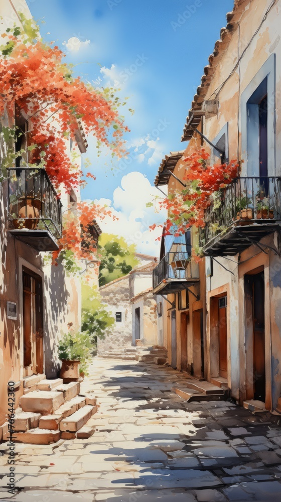 A narrow street with stone buildings and flowers