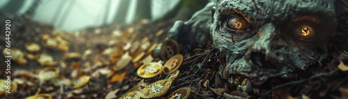 Zombies eagerly clawing their way through the dense forest eyes fixed on the gleaming cryptocurrency coins scattered ahead. photo