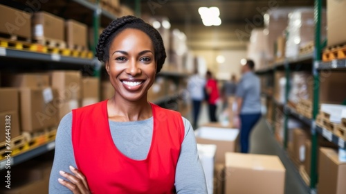 A happy young African American Female volunteer in uniform, smiling at the camera, standing with her arms crossed in a humanitarian aid center. Donations, Social assistance, Charity concepts.