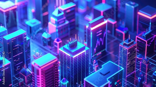 Three-dimensional 3D scene of the future neon financial district with glowing skyscrapers