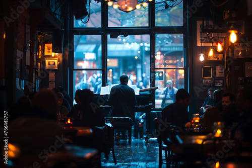 Cozy Jazz Club Atmosphere with Pianist in Background