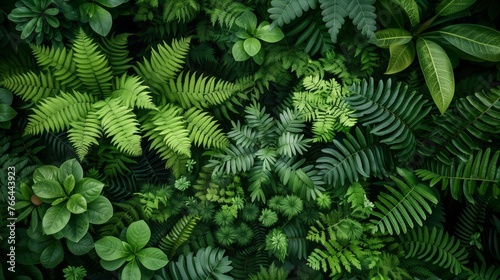Lush Greenery of Various Tropical Plants and Ferns