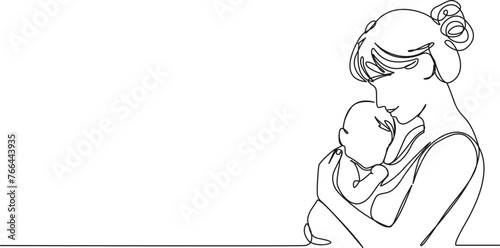 continuous single line drawing of mother holding her newborn baby, line art vector illustration