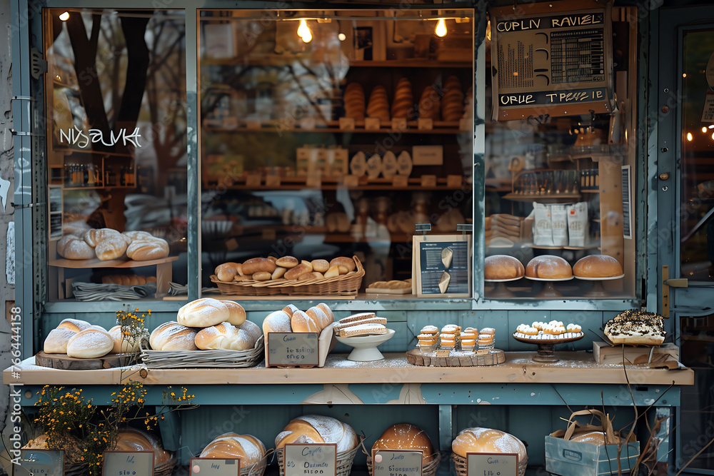 Charming Bakery Window Full of Fresh Baked Breads