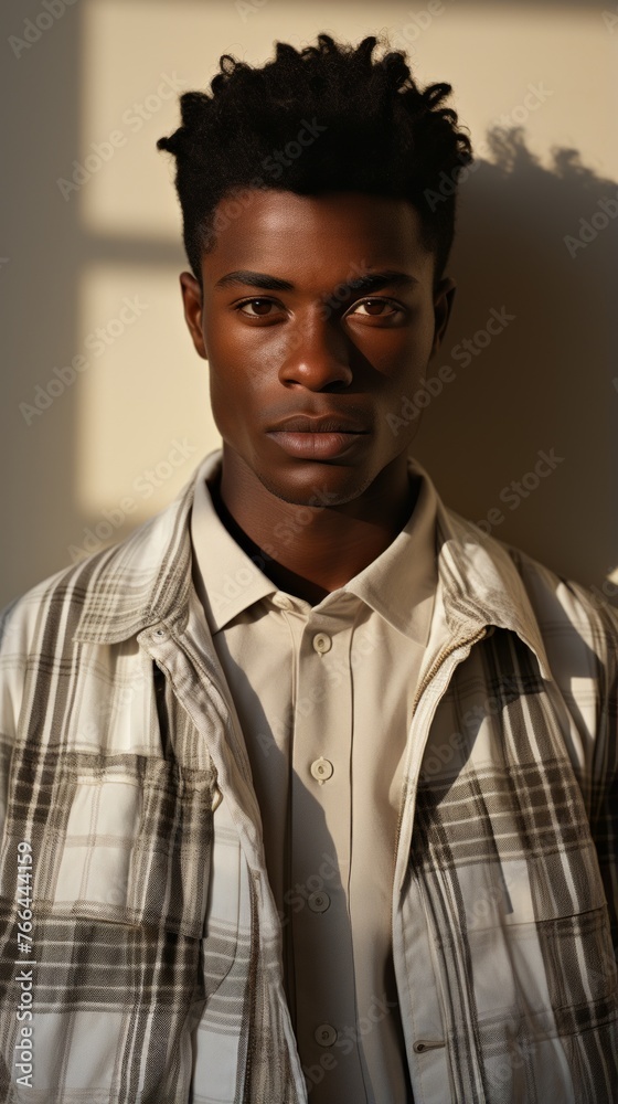 Portrait of a young African-American man with short hair and a beard wearing a plaid shirt Portrait of a young African-American man with short hair and a beard wearing a plaid shirt