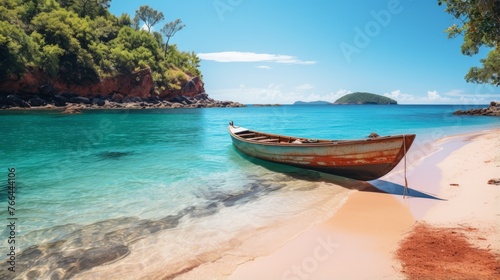 Wooden boat on a tropical beach with white sand and clear blue ocean water and green trees © Adobe Contributor