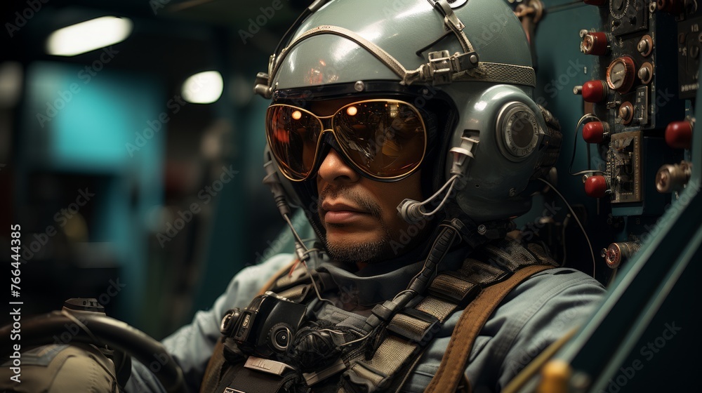 A pilot wearing a helmet and sunglasses sits in a cockpit. A pilot wearing a helmet and sunglasses sits in a cockpit.