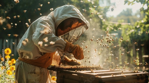 Beekeeper working in a hive, natural background