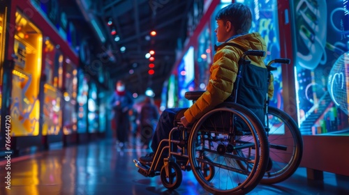 A wheelchair user exploring a science center with interactive exhibits and accessible displays