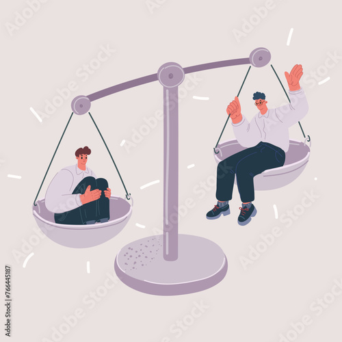 Cartoon vector illustration of two office man sitting on scales. Businessman completion or coworkers to firing