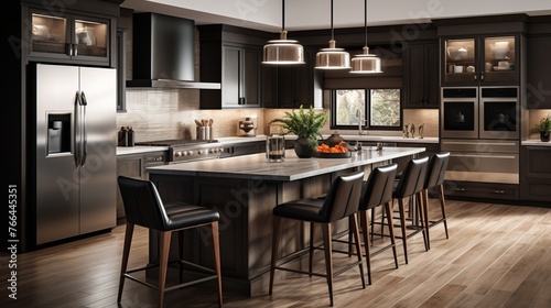 Modern kitchen design with dark wood cabinets and stainless steel appliances photo