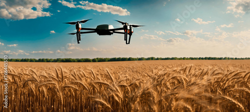 A drone flying over a wheat field. Panoramic view.