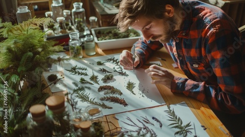 Botanist examining plant specimens to classify species and study botanical diversity. photo