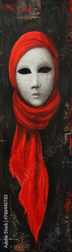 White mask with a vibrant red scarf against a dark, textured backdrop evokes mystery