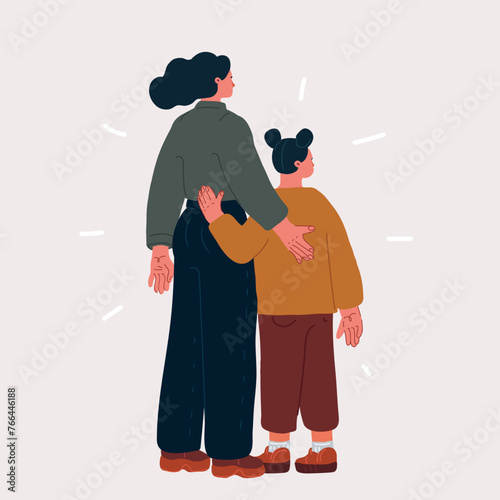 Cartoon vector illustration of rear view of young mother and daughter