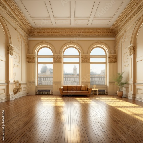 ornate empty ballroom with large windows