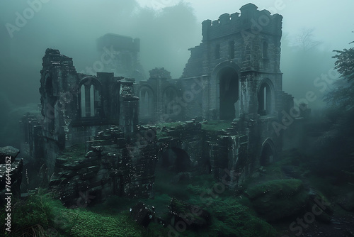 Ruins of an Ancient Castle in a Foggy Forest