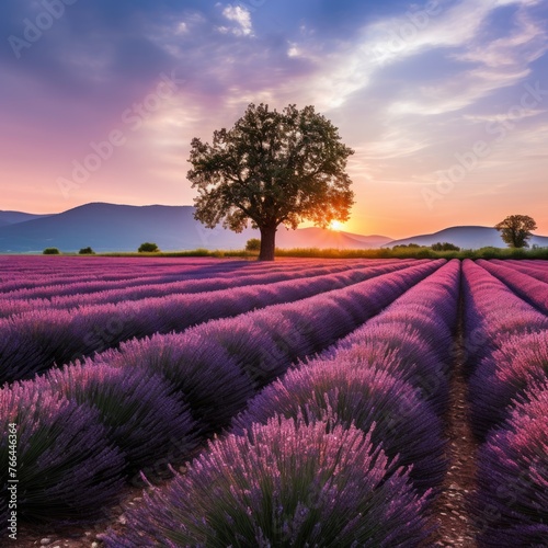 Lavender field with a tree at sunset