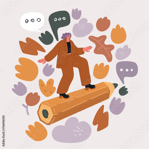 Cartoon vector illustration of Woman Flying on Pencil Rocket to Working Success and Goal Achievement. Concept of Journalist, blogger, writer, artist, copywriter