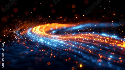 Illuminated optical fibers moving swiftly against a blue-black background.