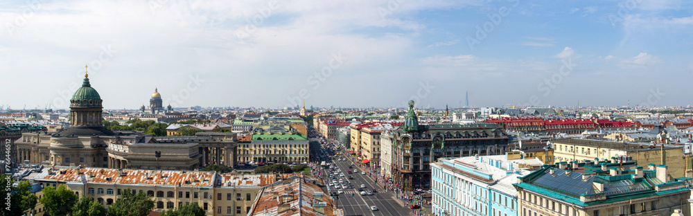 Panoramic view of Saint-Petersburg. Domes of Kazan Cathedral and Saint Isaac's Cathedral, Admiralty, Singer House and Lakhta Centre skyscraper. 