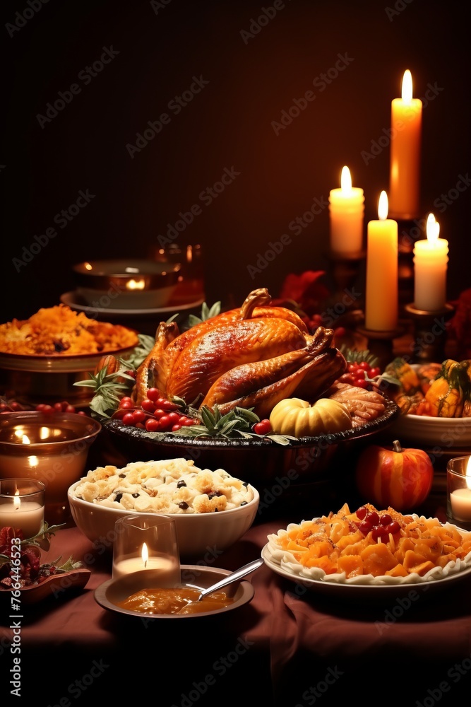Thanksgiving dinner with roasted turkey, pumpkin pie, and other traditional food