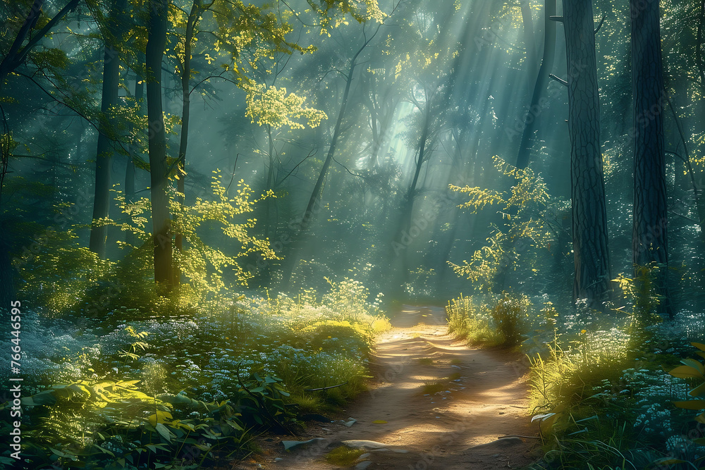 Magical Forest Scene with Sunlight Streaming on Path - obrazy, fototapety, plakaty 