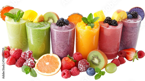 A colorful array of different types of smoothies in various flavors and sizes lined up on a table